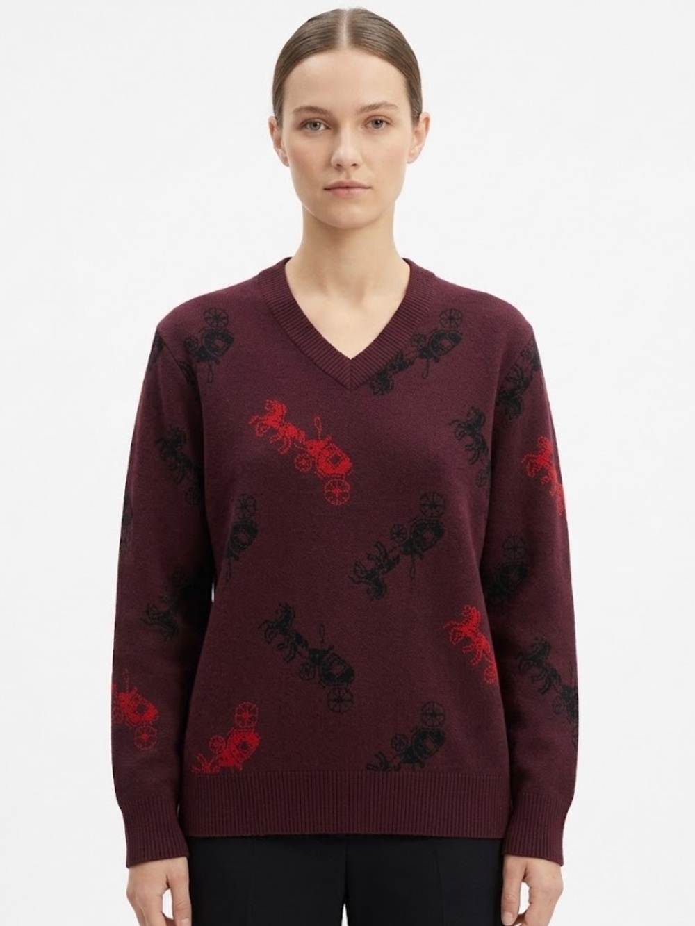 COACH NWOT Wool Burgundy V-Neck Oversized Horse and Carriage Knit Sweater - Sz S